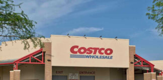 Costco Wholesale store front with entrance and exit.