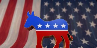 A donkey symbol representing the Democratic Party in front of an American flag background