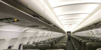 Empty airplane cabin with rows of seats