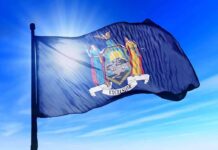 New York state flag waving against a blue sky