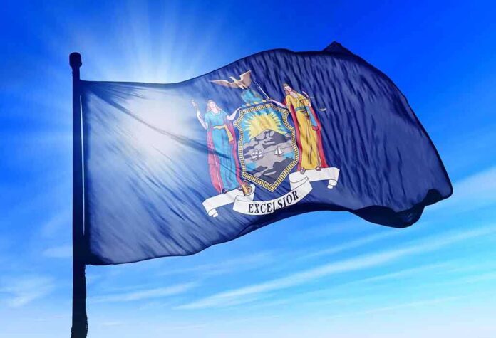 shutterstock_156828224.jpg New York state flag waving against a blue sky