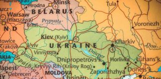 Map highlighting Ukraine and surrounding countries with city names
