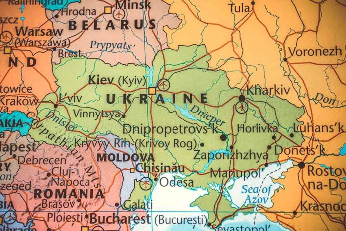 Map highlighting Ukraine and surrounding countries with city names
