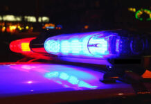 Police car lights flashing at night.