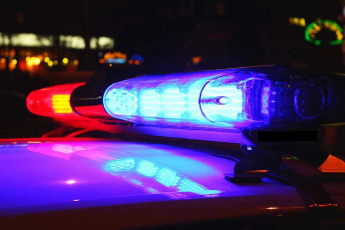 185887181 Police car lights flashing at night.