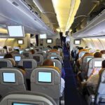 EATEN ALIVE Mid-Flight: Business Class Passengers TERRORIZED Interior view of an airplane with passengers seated and using in-flight entertainment screens