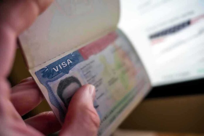 shutterstock_2559918417.jpg A hand holding a passport open to a visa page