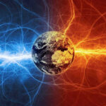 Earth with blue and red electric energy surrounding.