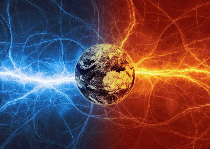 748734982 Earth with blue and red electric energy surrounding.