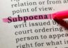 Highlighted definition of subpoena in a dictionary
