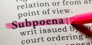 Highlighted definition of subpoena in a dictionary