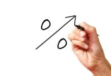 A hand drawing a percentage symbol with an upward arrow