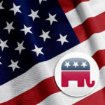 House Republicans SEIZE Control of Border Billions American flag with Republican elephant symbol.