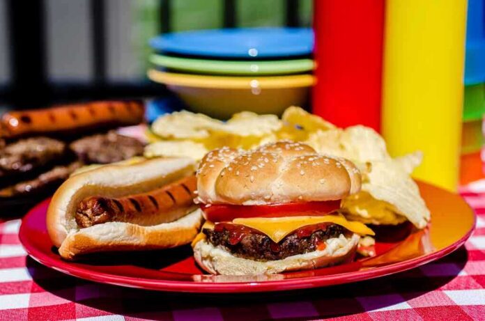A plate with a hamburger, hot dog, and potato chips on a picnic table