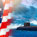 Trump’s SHOCKING Submarine Move: Secret No More! American flag and submarine at sea under a cloudy sky.