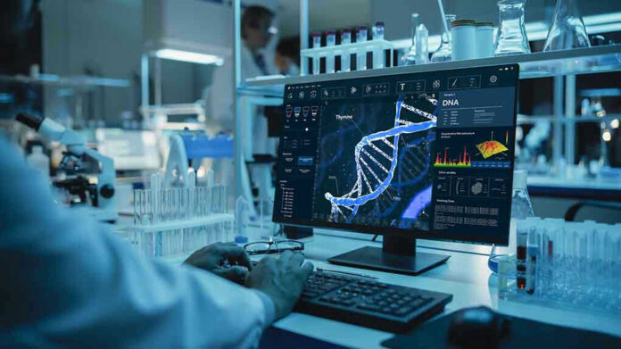1946049973 Scientist analyzing DNA on computer in laboratory