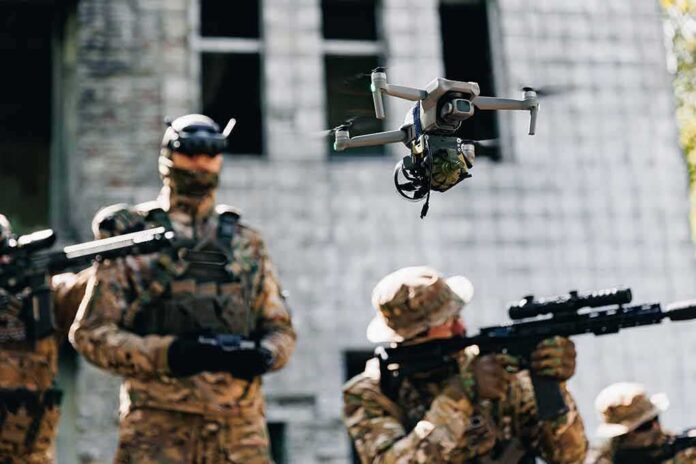 Quadcopter drone flying above soldiers in camouflage