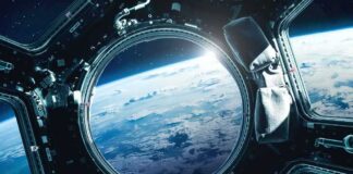 Earth seen through a spacecraft window