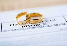 Gold wedding rings on a divorce document