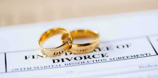 Gold wedding rings on a divorce document