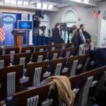 White House press briefing room with empty seats and cameras