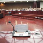 Conference microphone on a podium in a courtroom
