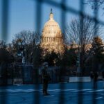 Storm Chaos Empties America 250 Celebration U.S. Capitol behind security fencing and guards on a street