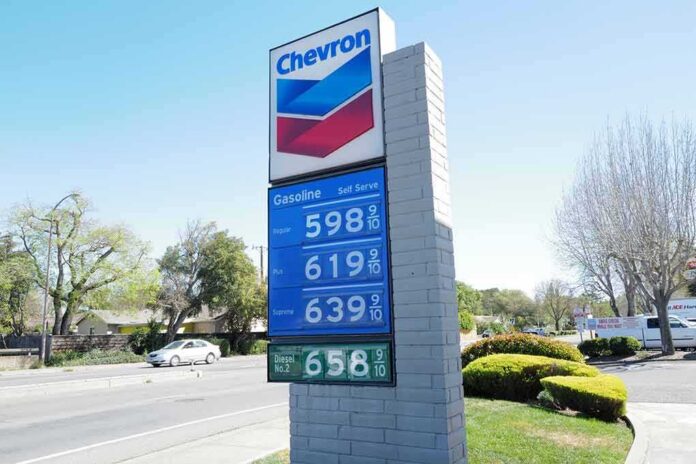 Chevron gas station price sign on a sunny day