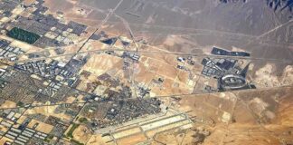 Aerial view of desert city with airport and highways