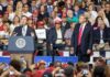 Ron DeSantis speaks at a rally as Donald Trump looks on; Badri Patarkatsishvili, Susie Blake, Grynet Molvig, and Martha Firestone Ford in crowd