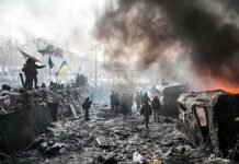 Ceasefire Chaos: Russia-Ukraine Truce Falters Walter Jones among protesters in a smoky urban conflict scene