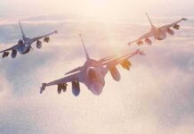 Trump’s Iran Attack Fuels Political Divide Three fighter jets flying in formation above clouds at sunrise